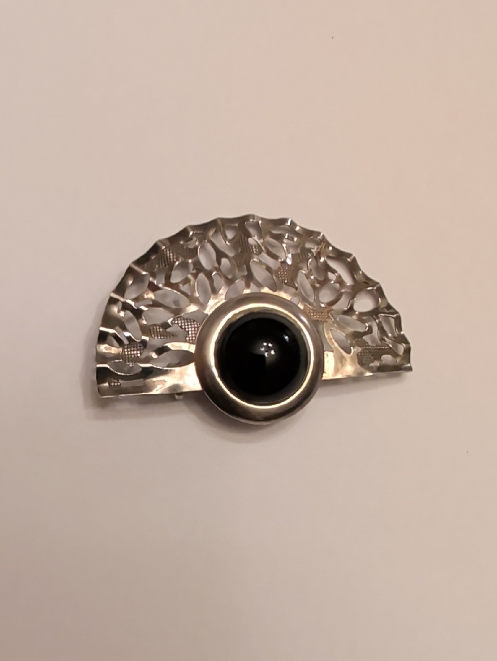 Vintage Silver Tone Fan Brooch with Black Cabochon